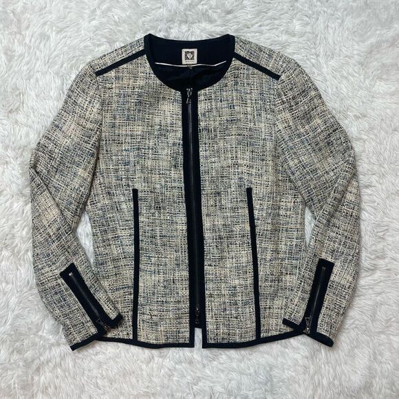 ANNE KLEIN Tweed Jacket Faux Leather Trim Size 10 Zip Up Blazer Office Workwear - Picture 7 of 10